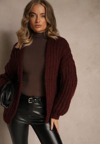 Renee - Bordowy Oversizowy Kardigan Bez Zapięć z Dodatkiem Wełny i Wiskozy Titanesa. Okazja: na imprezę. Kolor: czerwony. Materiał: wiskoza, wełna. Długość: długie. Wzór: aplikacja #5
