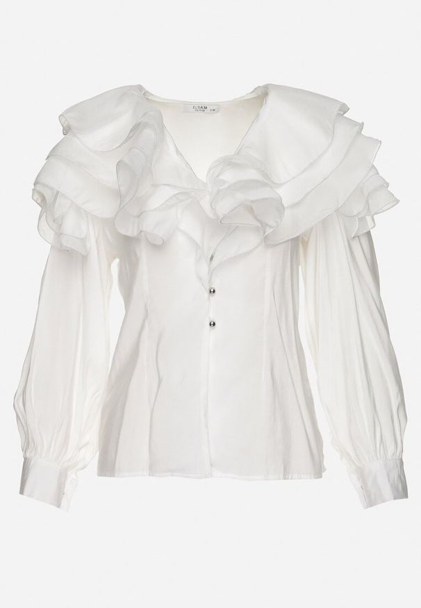 Born2be - Biała Elegancka Koszula Ozdobiona Falbanami i Guzikami Leristta. Okazja: na co dzień. Kolor: biały. Materiał: jeans. Wzór: aplikacja. Styl: elegancki