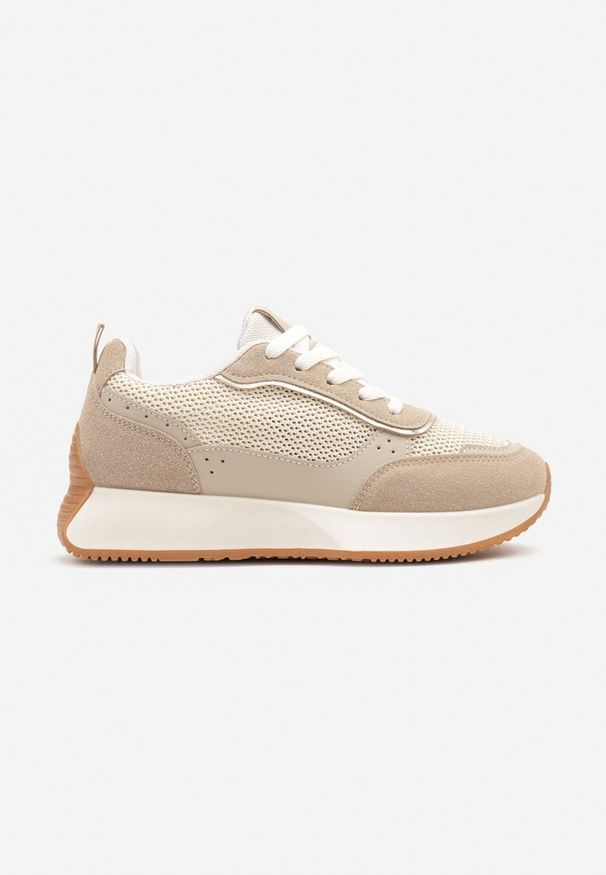 Renee - Ciemnobeżowe Sneakersy Ozdobione Geometrycznym Motywem Calgis. Nosek buta: okrągły. Zapięcie: sznurówki. Kolor: beżowy. Materiał: materiał. Wzór: aplikacja, geometria. Obcas: na obcasie. Wysokość obcasa: niski