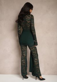 Renee - Zielony Komplet z Koronki Zdobiony Trenem Spodnie o Szerokim Kroju i Bluzka Longsleeve Feladi. Kolor: zielony. Materiał: koronka. Wzór: aplikacja, koronka #3