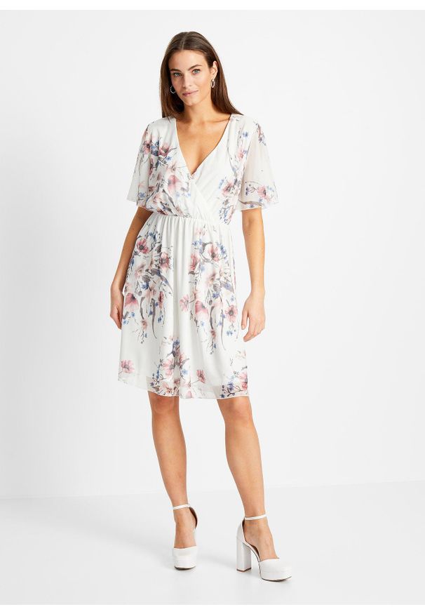 bonprix - Sukienka mini z siateczki. Kolor: biały. Materiał: materiał. Typ sukienki: kopertowe. Długość: mini