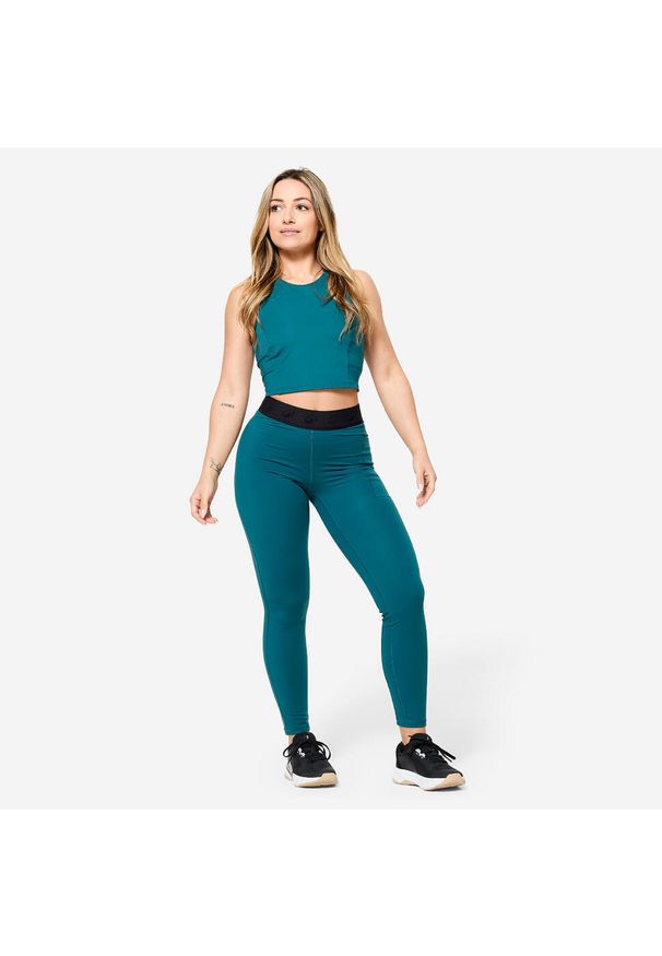 DOMYOS - Legginsy fitness damskie Domyos. Kolor: zielony, niebieski, wielokolorowy. Materiał: elastan, poliamid, materiał. Sport: fitness