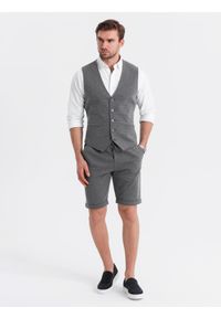 Ombre Clothing - Elegancki zestaw męski kamizelka garniturowa + szorty - grafitowy V3. Okazja: na co dzień. Kolor: szary. Materiał: wiskoza, dzianina, poliester, materiał, bawełna, elastan. Wzór: jednolity. Sezon: lato. Styl: elegancki #6