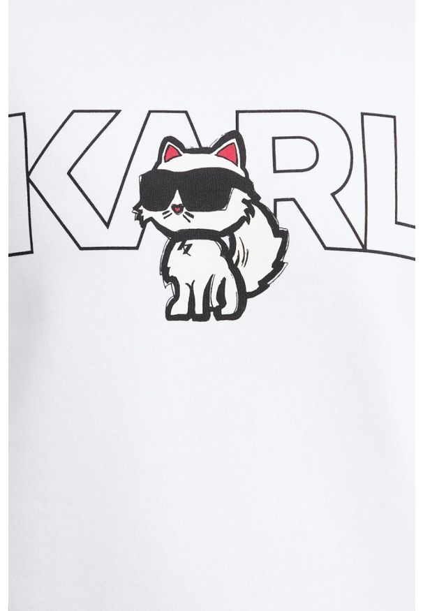 Karl Lagerfeld - KARL LAGERFELD Biała bluza damska Ikon z nadrukiem, Rozmiar XS. Typ kołnierza: dekolt w karo. Kolor: biały. Materiał: bawełna. Wzór: nadruk. Styl: klasyczny