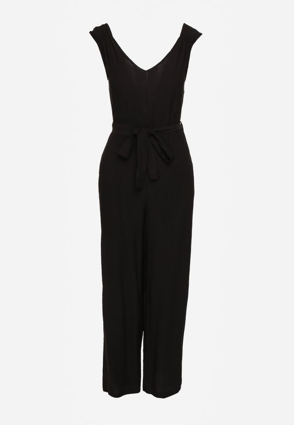 Renee - Czarny Kombinezon z Wiskozy z Szerokimi Nogawkami z Gumką w Pasie i Materiałowym Paskiem Acladia. Kolor: czarny. Materiał: materiał, wiskoza. Styl: wizytowy, elegancki