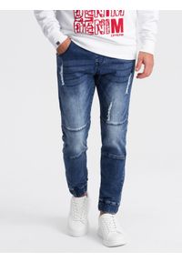 Ombre Clothing - Spodnie męskie marmurkowe JOGGERY z przetarciami - niebieskie V4 - Rozmiar: L. Kolor: niebieski. Materiał: guma, elastan, bawełna