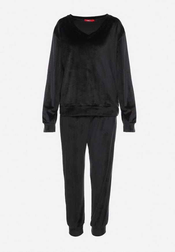 Born2be - Czarny Welurowy Komplet Dresowy Bluza z Trójkątnym Dekoltem i Spodnie z Kieszeniami Onchia. Kolor: czarny. Materiał: welur, dresówka