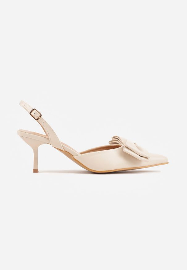 Renee - Beżowe Szpilki Slingback Ozdobione z Przodu Kokardą Urea. Zapięcie: sprzączka. Kolor: beżowy. Wzór: aplikacja. Obcas: na szpilce. Styl: elegancki, wizytowy
