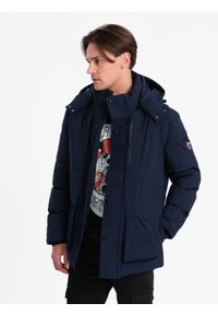 Ombre Clothing - Zimowa kurtka męska z odpinanym kapturem i kieszeniami cargo - granatowa V1. Kolor: niebieski. Materiał: poliester. Sezon: zima #2