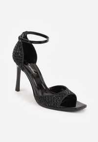 Renee - Czarne Cyrkoniowe Sandały na Szpilce z Kwadratowym Noskiem Sororia. Okazja: na imprezę. Kolor: czarny. Materiał: skóra. Wzór: aplikacja. Obcas: na szpilce. Styl: glamour, elegancki #6