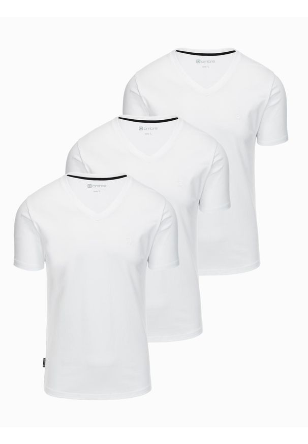 Ombre Clothing - Komplet koszulek z dekoltem V i elastanem oraz subtelnym logotypem 3-pak – 3x biały V2 - Rozmiar: S. Okazja: na co dzień. Kolor: biały. Materiał: elastan. Wzór: gładki, nadruk. Styl: casual, klasyczny