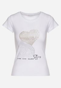 Born2be - Biały Bawełniany T-shirt Ozdobiony Cyrkoniami i Napisem Divera. Okazja: na co dzień. Kolor: biały. Materiał: bawełna. Wzór: napisy, aplikacja. Styl: klasyczny, casual #4