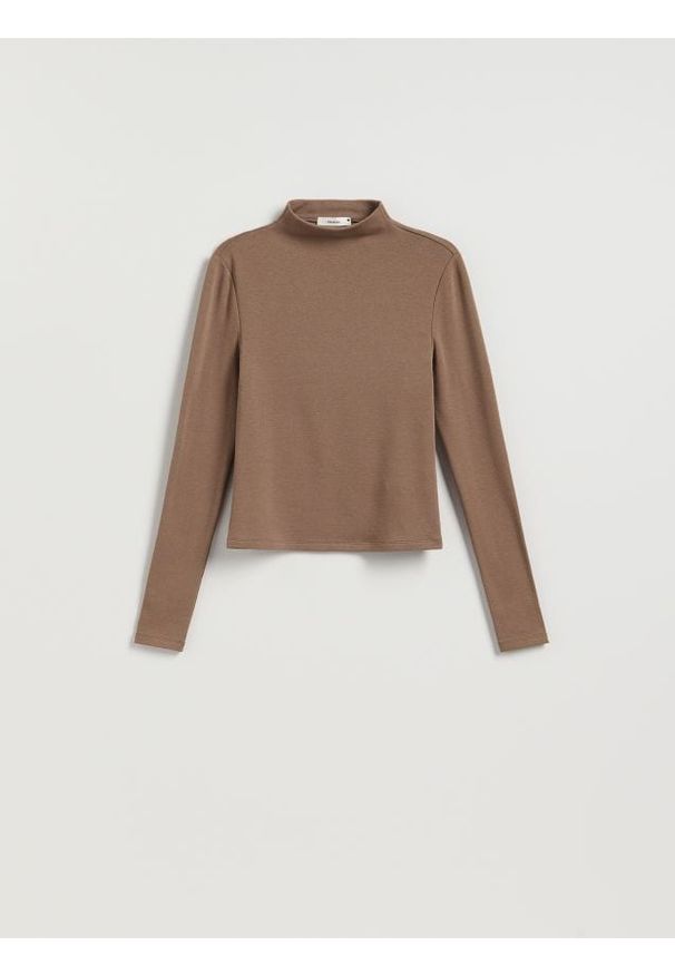 Reserved - Gładki longsleeve - brązowy. Kolor: brązowy. Materiał: dzianina, wiskoza. Długość rękawa: długi rękaw. Wzór: gładki