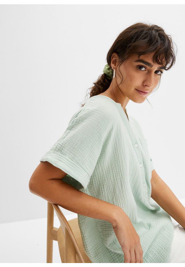 bonprix - Bluzka muślinowa z krótki rękawem. Kolor: zielony. Długość rękawa: krótki rękaw. Długość: krótkie. Styl: elegancki