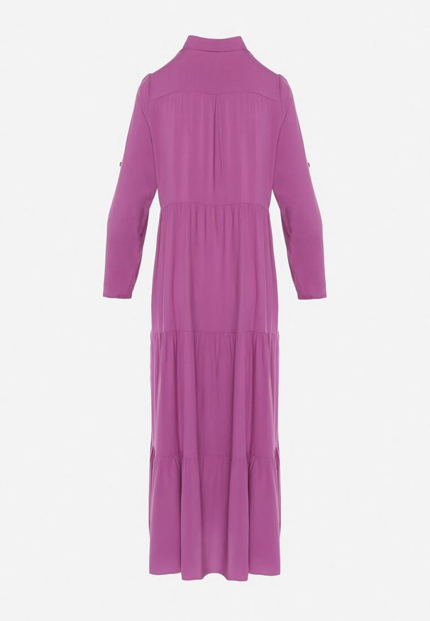 Born2be - Fioletowa Rozkloszowana Sukienka Maxi z Bawełny w Koszulowym Stylu Onecca. Okazja: na co dzień. Kolor: fioletowy. Materiał: bawełna. Wzór: aplikacja. Typ sukienki: koszulowe. Styl: casual. Długość: maxi