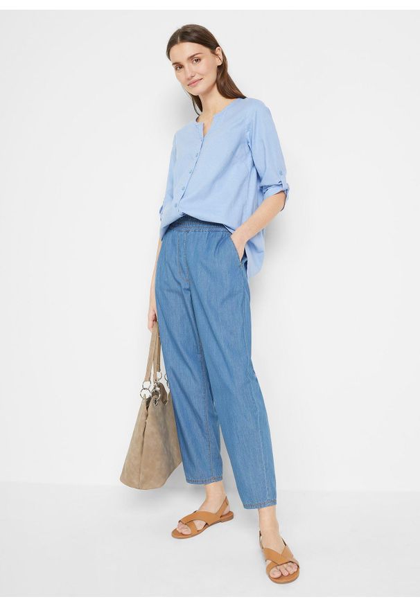 bonprix - Bluzka z domieszką lnu i rękawami 3/4. Kolor: niebieski. Materiał: len