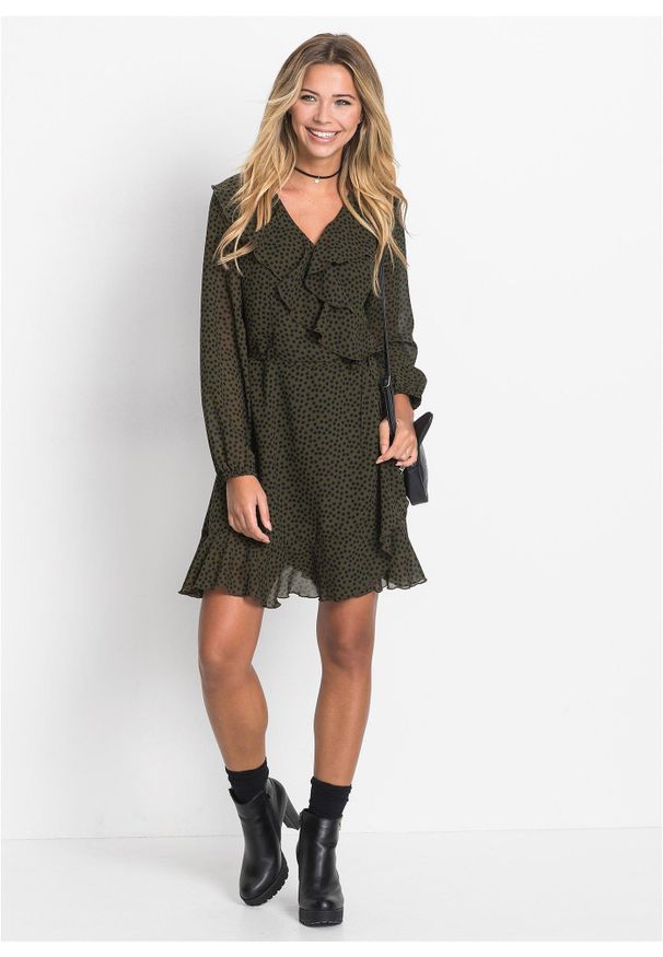 bonprix - Sukienka kopertowa mini. Kolor: zielony. Wzór: kropki, nadruk. Typ sukienki: kopertowe. Długość: mini