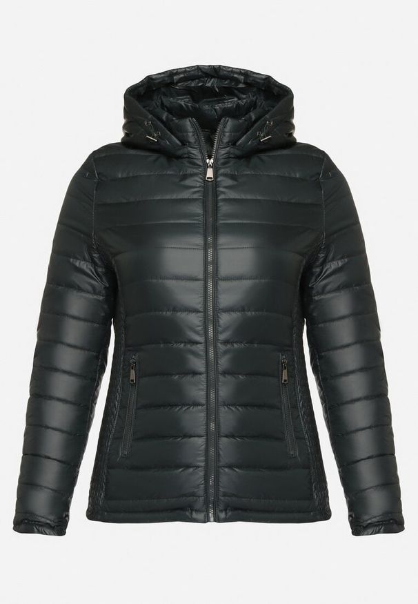 Born2be - Ciemnozielona Pikowana Kurtka z Opinanym Kapturem i Wstawkami z Gumek Terilinde. Okazja: na co dzień. Kolor: zielony. Styl: elegancki, casual