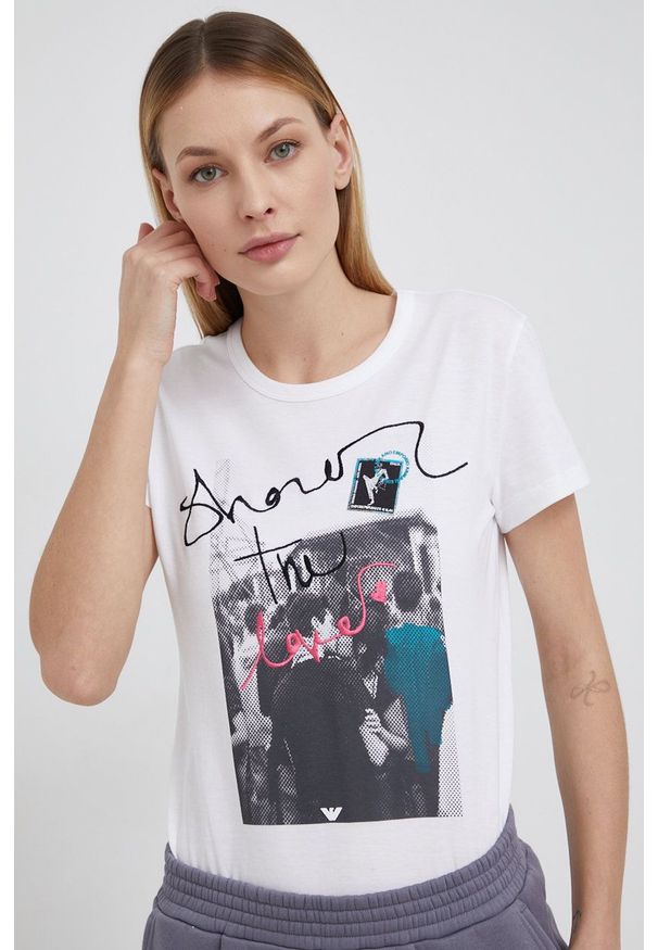 Emporio Armani T-shirt bawełniany kolor biały. Okazja: na co dzień. Kolor: biały. Materiał: bawełna. Wzór: aplikacja. Styl: casual