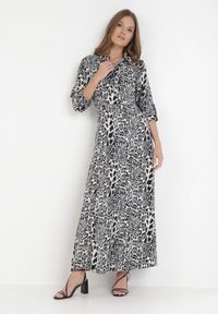 Born2be - Szaro-Granatowa Sukienka Adolia. Kolor: szary. Długość rękawa: długi rękaw. Wzór: motyw zwierzęcy. Typ sukienki: koszulowe. Długość: maxi #4