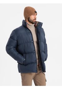 Ombre Clothing - Kurtka męska puffer z podszewką w kratę – granatowa V1 - Rozmiar: S. Kolor: niebieski. Materiał: guma, poliester, materiał, bawełna, syntetyk, nylon. Długość: długie. Wzór: aplikacja #4
