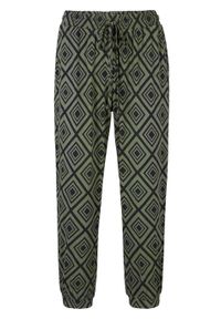 Spodnie 3/4 z nadrukiem bonprix ciemny khaki z nadrukiem. Kolor: zielony. Materiał: wiskoza. Wzór: nadruk #1