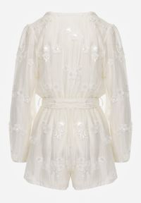 Renee - Beżowy Kombinezon z Tencelu z Kopertowym Dekoltem Cekinami i Kwiatami 3D Kairial. Okazja: na imprezę. Kolor: beżowy. Materiał: materiał, poliester. Wzór: kwiaty. Sezon: lato. Styl: elegancki #2