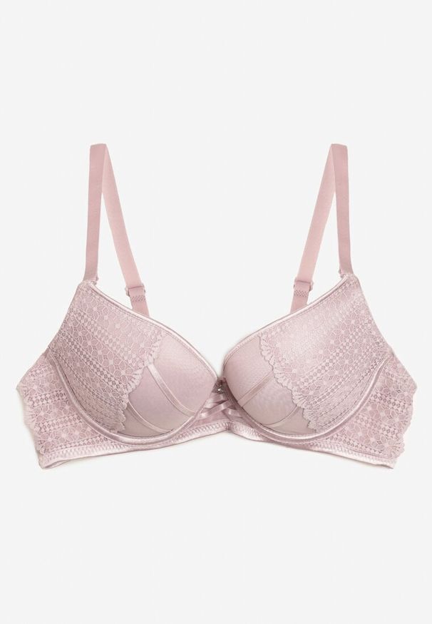 Born2be - Jasnofioletowy Biustonosz Push Up z Przeszyciami i Wzorem w Kropki Azurelle. Kolor: różowy. Materiał: koronka. Rodzaj stanika: push-up. Wzór: kropki