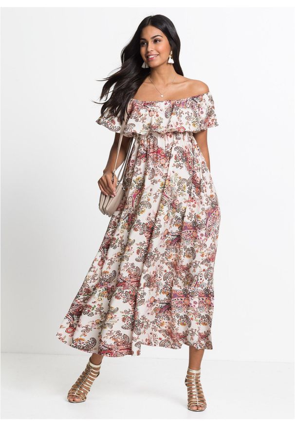 bonprix - Sukienka z dekoltem carmen, z lejącej wiskozy. Typ kołnierza: typu carmen. Kolor: beżowy. Materiał: wiskoza