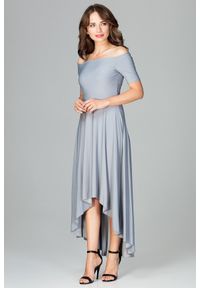 Lenitif - Asymetryczna sukienka z odkrytymi ramionami szara. Kolor: szary. Materiał: tkanina. Wzór: gładki. Typ sukienki: asymetryczne, z odkrytymi ramionami. Styl: elegancki #2