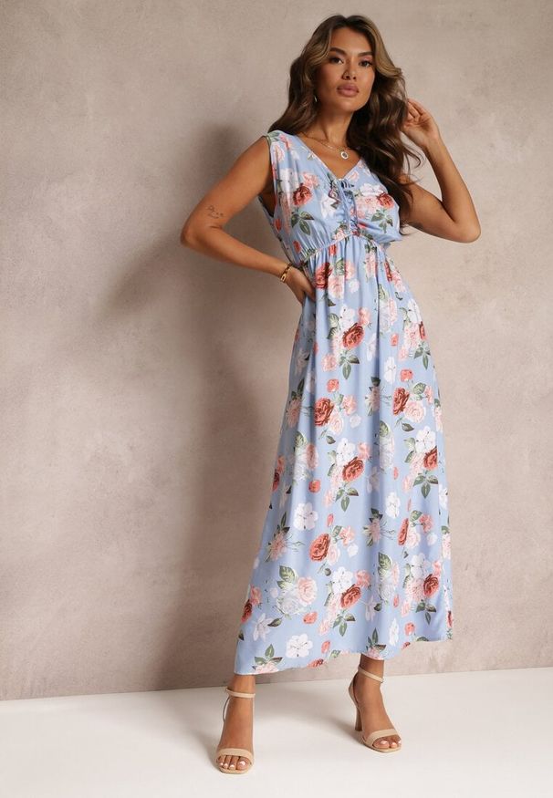 Renee - Jasnoniebieska Sukienka Maxi w Kwiaty z Gumką w Talii Kaleita. Kolor: niebieski. Materiał: bawełna, tkanina. Długość rękawa: bez rękawów. Wzór: kwiaty. Sezon: lato. Długość: maxi