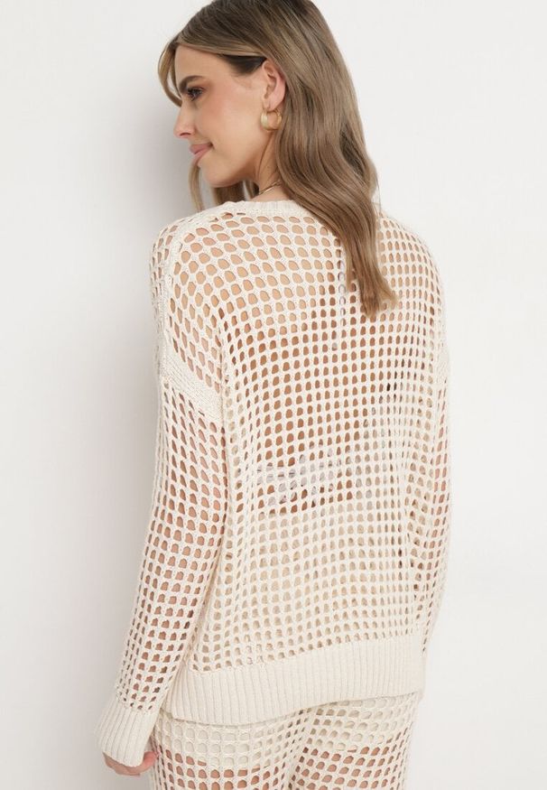Born2be - Beżowa Ażurowa Bluzka z Szydełkowej Dzianiny Zavara. Okazja: na co dzień. Kolor: beżowy. Materiał: dzianina. Wzór: ażurowy. Styl: casual, elegancki