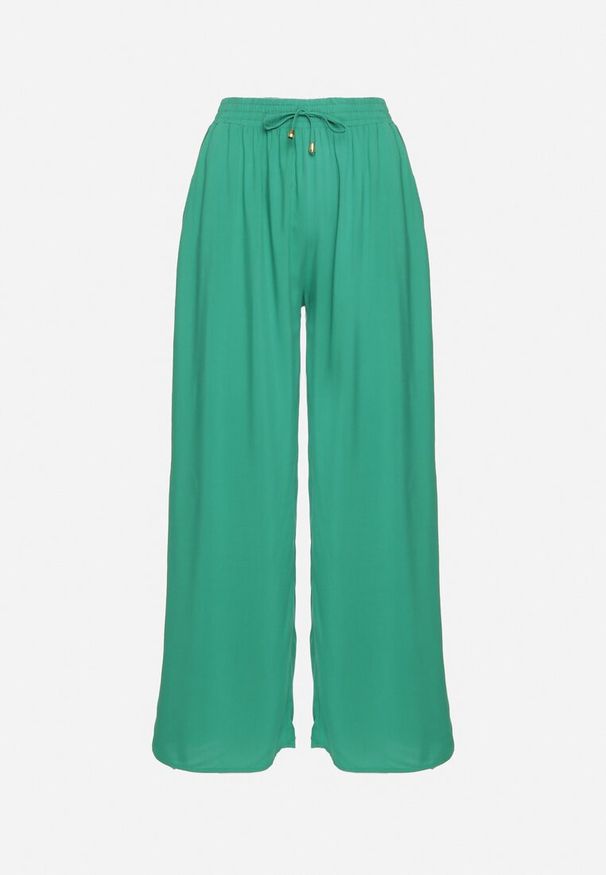 Born2be - Zielone Gładkie Spodnie z Gumką w Pasie i Szerokimi Nogawkami Alathera. Kolor: zielony. Wzór: gładki. Sezon: lato