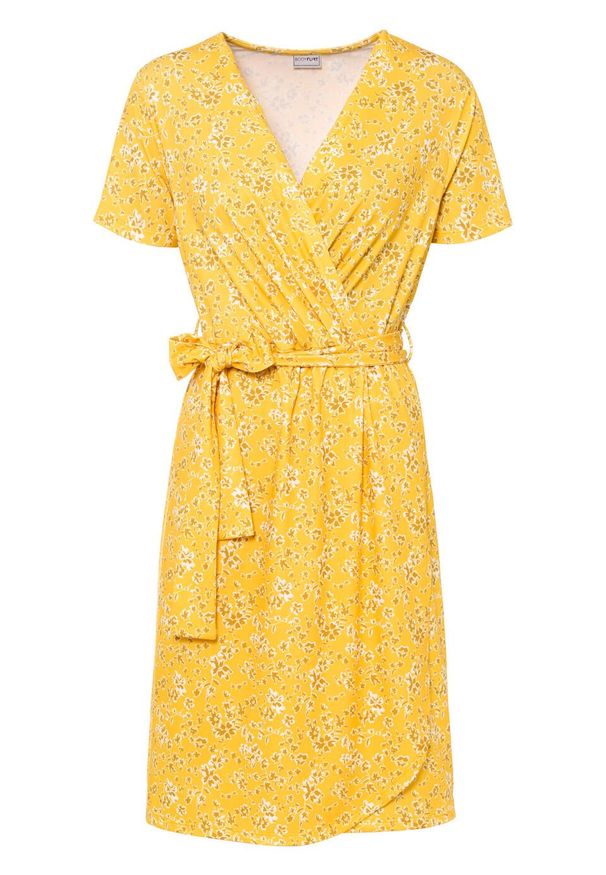 Sukienka kopertowa bonprix żółty cytrynowy w kwiaty. Kolor: żółty. Wzór: kwiaty. Typ sukienki: kopertowe