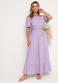 Born2be - Fioletowa Sukienka z Wiskozy Telephanassa. Typ kołnierza: dekolt hiszpanka. Kolor: fioletowy. Materiał: wiskoza. Długość rękawa: krótki rękaw. Wzór: gładki. Typ sukienki: rozkloszowane. Długość: maxi #1