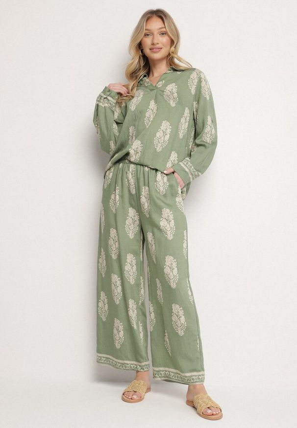 Born2be - Zielony Komplet w Stylu Boho Oversize Długa Koszula i Luźne Spodnie Meppina. Kolor: zielony. Materiał: skóra