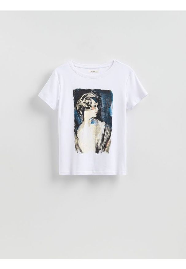 Reserved - T-shirt z nadrukiem - biały. Kolor: biały. Materiał: dzianina, bawełna. Wzór: nadruk