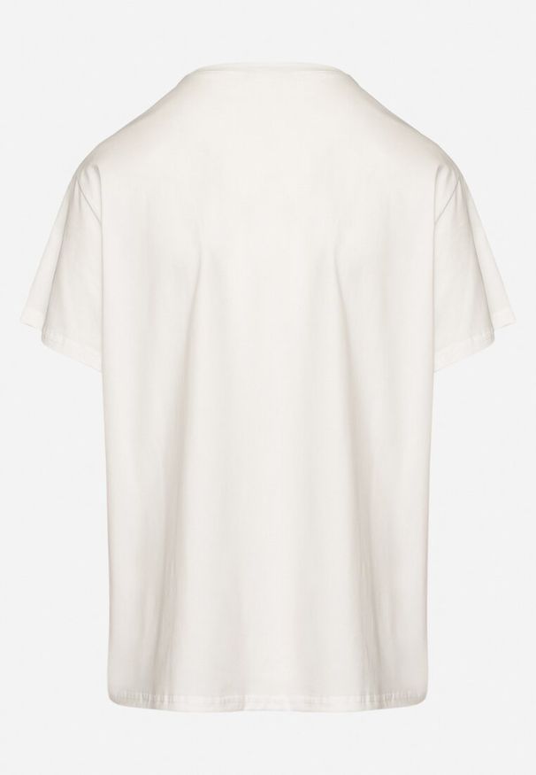 Born2be - Biały T-shirt Bawełniany z Napisem i Perełkami Nalinor. Okazja: na co dzień. Kolor: biały. Materiał: bawełna. Wzór: napisy. Styl: elegancki, casual