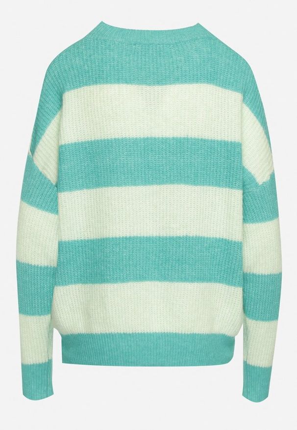 Born2be - Zielony Sweter w Pasy z Wełną Zakończony Ściągaczem Tiaelle. Okazja: na spotkanie biznesowe, na co dzień. Kolor: zielony. Materiał: wełna. Styl: biznesowy, klasyczny, casual
