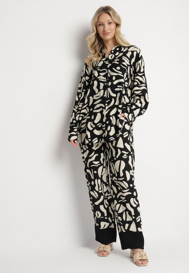 Born2be - Czarny Wiskozowy Komplet z Lnem Spodnie i Koszula w Abstrakcyjny Print Melirna. Kolor: czarny. Materiał: wiskoza, len. Wzór: nadruk