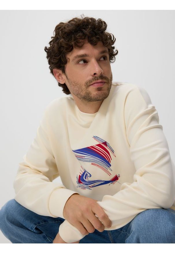 Reserved - Bluza z nadrukiem - kremowy. Kolor: kremowy. Materiał: bawełna, dzianina. Wzór: nadruk