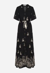 Born2be - Czarna Wiskozowa Sukienka Boho o Rozkloszowanym Kroju z Haftem i Wiązaniem Lilvanis. Okazja: na co dzień. Typ kołnierza: dekolt w serek. Kolor: czarny. Materiał: wiskoza. Długość rękawa: krótki rękaw. Wzór: haft. Styl: boho #4