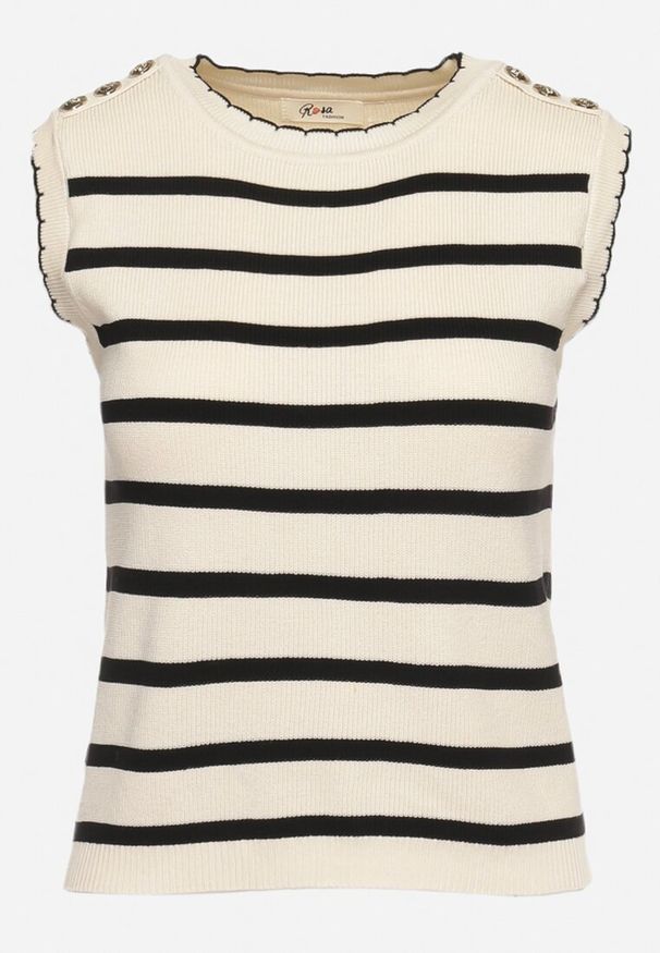 Born2be - Beżowa Bluzka Top w Paski z Ozdobnymi Guzikami na Ramionach Waveline. Okazja: na spotkanie biznesowe, do pracy, na co dzień. Kolor: beżowy. Materiał: jeans. Wzór: paski. Styl: biznesowy, klasyczny, elegancki, casual