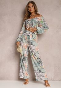 Renee - Miętowy 2-częściowy Komplet Bluzka z Długim Rękawem Szerokie Spodnie z Gumką w Pasie w Kwiaty Calaq. Kolor: miętowy. Materiał: materiał. Wzór: kwiaty