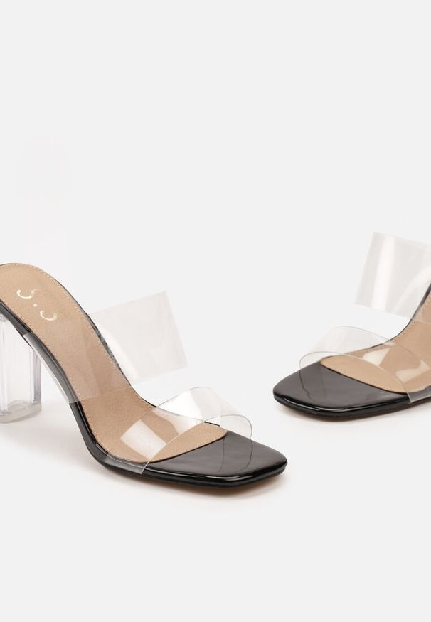 Born2be - Czarne Klapki na Transparentnym Słupku z Przezroczystymi Paskami Sallara. Kolor: czarny. Obcas: na słupku. Wysokość obcasa: średni