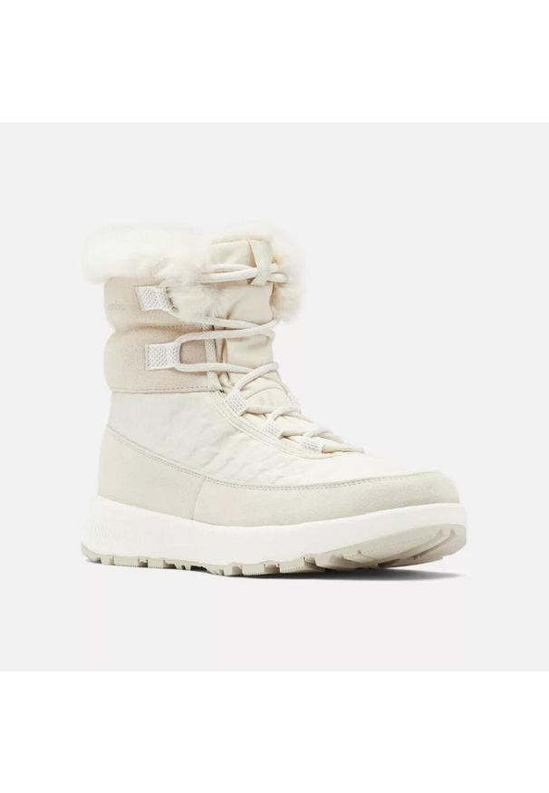 columbia - Buty do chodzenia damskie Columbia Slopeside Peak Luxe. Wysokość cholewki: za kostkę. Zapięcie: sznurówki. Kolor: beżowy. Materiał: skóra, syntetyk, materiał. Szerokość cholewki: normalna. Sezon: zima