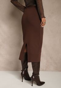 Renee - Brązowa Spódnica o Ołówkowym Kroju z Wiskozą z Paskiem i Rozcięciem Saweda. Okazja: na co dzień. Kolor: brązowy. Materiał: wiskoza. Styl: casual, elegancki #5