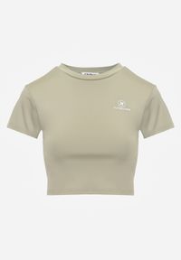 Renee - Jasnozielony Basicowy T-shirt w Stylu Cropped z Subtelnym Nadrukiem Loraera. Okazja: na co dzień. Kolor: zielony. Materiał: jeans. Długość: krótkie. Wzór: nadruk. Styl: elegancki, sportowy, casual #5