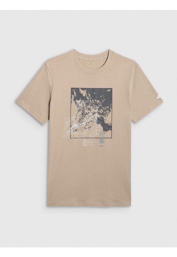 4f - 4F T-shirt regular z nadrukiem męski - beżowy L. Okazja: na co dzień. Kolor: beżowy. Materiał: dzianina, bawełna, materiał. Wzór: nadruk. Styl: casual