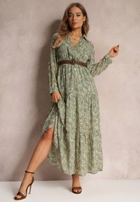 Renee - Zielona Sukienka Foligno. Okazja: na co dzień. Typ kołnierza: kołnierzyk klasyczny. Kolor: zielony. Długość rękawa: długi rękaw. Typ sukienki: proste. Styl: klasyczny, casual. Długość: midi